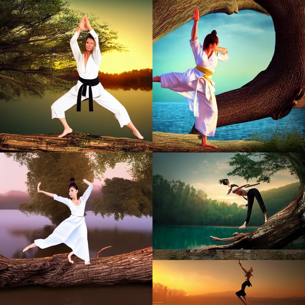 Prompt: a gorgeous woman doing karate moves in a white dress on a fallen tree over a lake sunset epic hyperrealistic render octane art digital