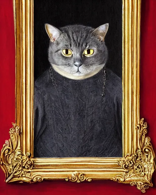 Image similar to fat dark gray cat!! with yellow eyes dressed like henry viii, tudor period robes in scarlet gold black, tudor bonnet, luxurious, opulent, regal, royal portrait, hans holbein the younger, greg rutkowski