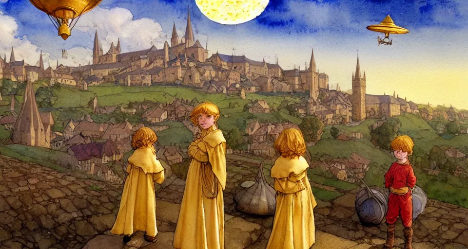 Image similar to a hyperrealist watercolor concept art of an elegant golden ufo in the sky above a small medieval town. one dirty medieval peasant child is in the foreground pointing up at the sky. very muted colors, by rebecca guay, michael kaluta, charles vess. high detail, hq, wide shot, 4 k