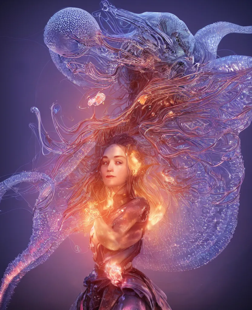 Image similar to close-up macro portrait of the face of a beautiful princess, epic angle and pose, symmetrical artwork, 3d with depth of field, blurred background, cybernetic jellyfish female face skull phoenix bird, translucent, nautilus, energy flows of water and fire. a highly detailed epic cinematic concept art CG render. made in Maya, Blender and Photoshop, octane render, excellent composition, cinematic dystopian brutalist atmosphere, dynamic dramatic cinematic lighting, aesthetic, very inspirational, arthouse. y Greg Rutkowski, Ilya Kuvshinov, WLOP, Stanley Artgerm Lau, Ruan Jia and Fenghua Zhong