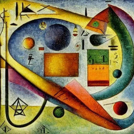 Prompt: mathematical equations inspired by bosch, klee, kandinsky. mathematical paradise, beautiful animals, equation heaven, platonic solids, elegant diagrams, beautiful equations, oil paint, hyperrealistic, collection of louvre