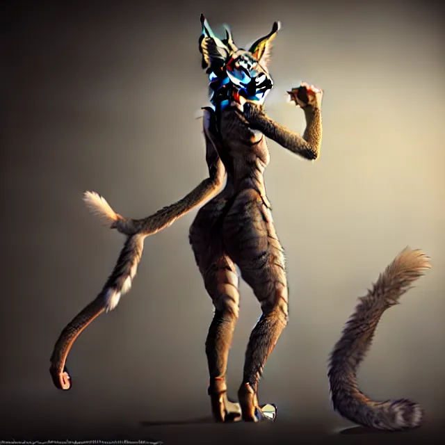 Image similar to the full body of anthropomorphic lynx fursona from behind wearing a steampunk suit as unimaginably beautiful, gorgeous, elegant, young woman with lynx head, an ultrafine hyperdetailed illustration by furaffinity, intricate linework, white fur, unreal engine 5 highly rendered, global illumination, radiant light, detailed and intricate environment