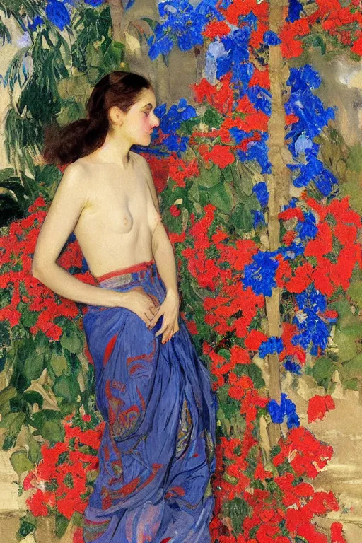 Prompt: a girl with arabesque red and blue and golden detailed scarf near bougainvillea and mexican palms, persian carpet, painting by john singer sargent