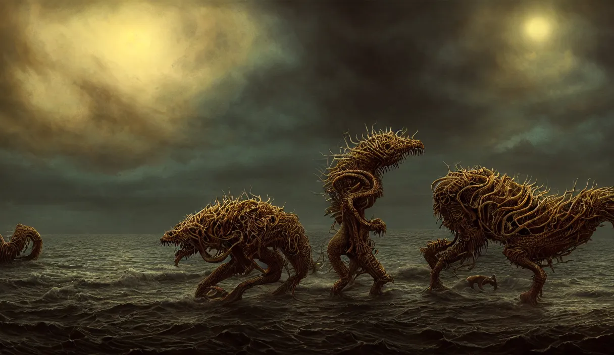 Image similar to epic professional digital art of hungry eyes, ambient golden light, painted, mysterious, cinematic seaside terrifying animals scene, eerie, mythic, detailed, intricate, grand, leesha hannigan, wayne haag, reyna rochin, ignacio fernandez rios, mark ryden, van herpen, artstation, cgsociety, epic, stunning, gorgeous, wow wow detail