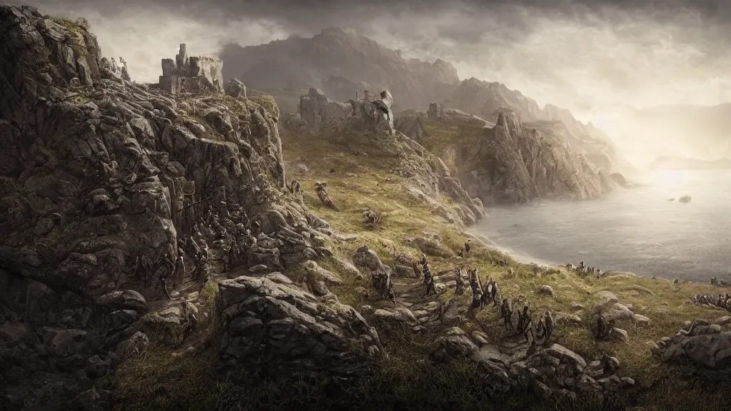 Prompt: fifteenth century medieval warriors in a coastline cliff landscape, background castle, perspective, folklore, King Arthur, Lord of the Rings, Game of Thrones. Photographic, Photography, photorealistic, concept art, Artstation trending , cinematic lighting, cinematic composition, rule of thirds , ultra-detailed, dusk sky , low contrast, natural lighting, fog, realistic, light fogged, detailed, atmosphere hyperrealistic , volumetric light, ultra photoreal, Matte painting, movie concept art, hyper-detailed, insanely detailed, corona render, octane render, 4k