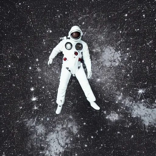 Prompt: mysterious man in silver space suit, walking on a small l shaped steel catwalk, floating in the darkness of space, with a black background, photograph, wide angle, long shot