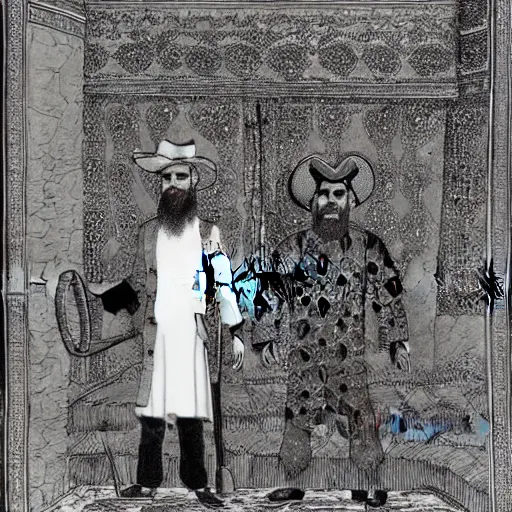 Prompt: bearded cowboy and persian emir standing in a palatial garden, persian folkore illustration