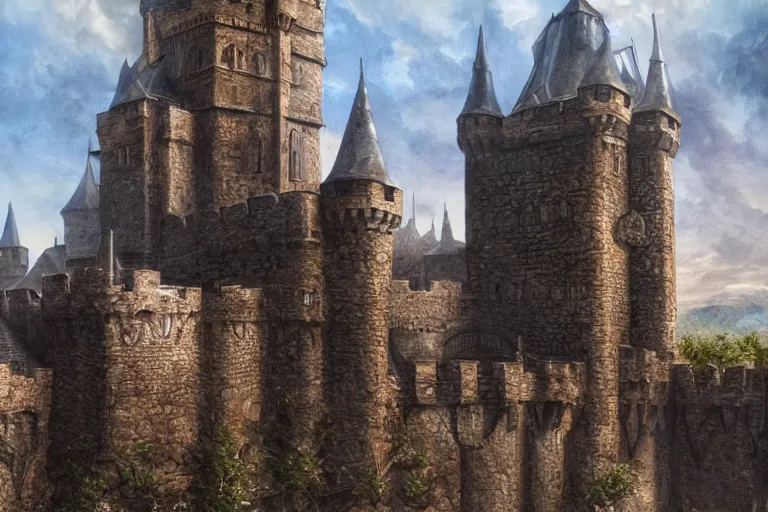 Image similar to A medieval castle, texture, intricate, details, highly detailed, masterpiece, architecture, building, trending on artstation, focus, sharp focus, concept art, digital painting, fantasy, D&D, tabletop, rpg, roleplay, sunny, day, midday, photograph, still