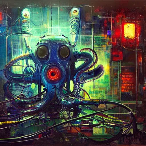 Image similar to robot cyborg octopus, many wires and neon lights exposed, metal and glowing eyes, highly detailed painting by jeremy mann