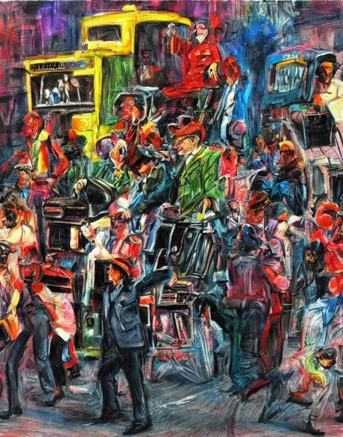 Image similar to 1970s midget street performers dressed in suits with cart tvs on their head, conteporary art show, photorealistic, expressionism, masterpiece, perfect composition, hyperrealistic, spectacular quality, intricate oil pastel glow, dynamic lighting, photorealistic, ambient lighting, atmospheric, stunning visuals, creative, cinematic, ultra detailed, trending on art station