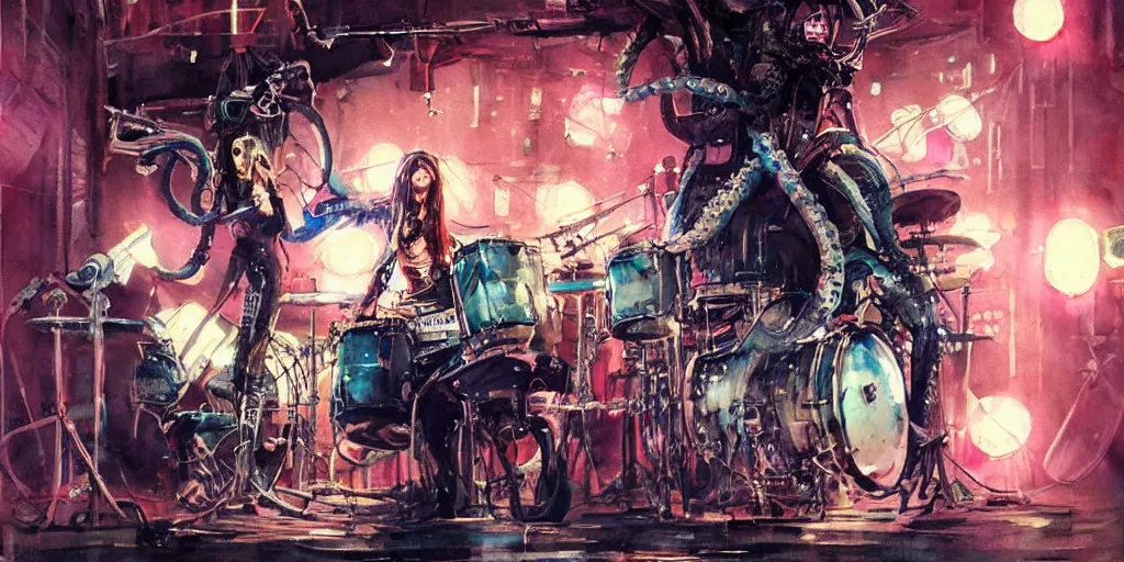 Image similar to Octopus girl playing R&R drum kit in the spotlight with rock band concert, cyberpunk, realistic, detailed, Industrial Scifi, paint, watercolor, in the style of Ashley Wood and Wadim Kashin