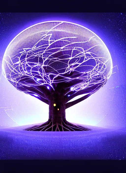 Prompt: high depth, collective civilization tree, calm, healing, resting, life, hybrids, scifi, glowing lights!!, published concept art, mixed medias, image overlays, sharp focus, thin glowing wires, winning illustration, eyes reflecting into eyes into infinity, singularity!!!, 3 6 0 projection, art in the style of 0 0 0 0