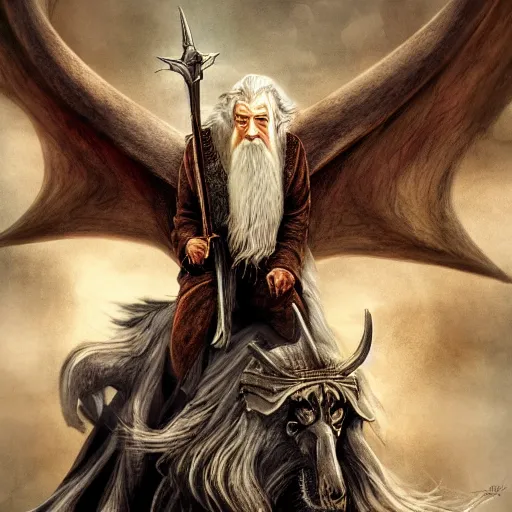 Image similar to gandalf flying on the back of smaug, lotr, highly detailed, digital art,