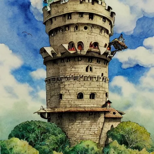 Image similar to laputa castle in the sky hayao miyazaki flying high in the sky, watercolor illustration for a book