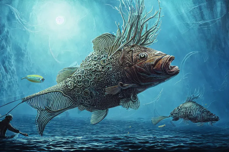 Prompt: fish hunting for humans, under the sea, sci - fi, fantasy, intricate, elegant, highly detailed, concept art, high contrast, sharp focus, oil painting, 4 k