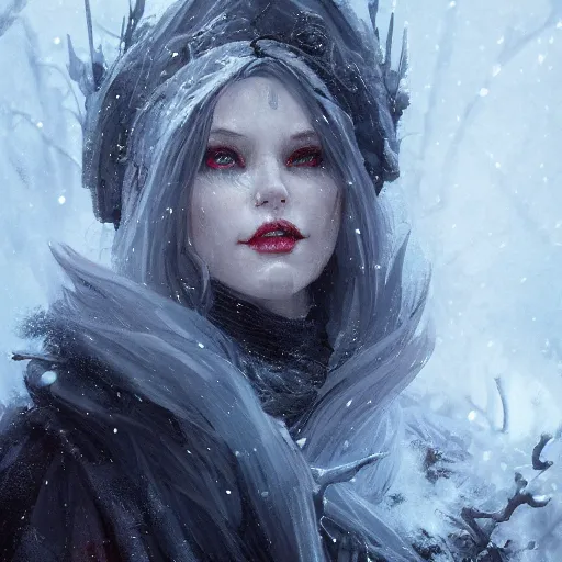 Prompt: an evil beautiful winter witch by greg rutkowski, dark fantasy, hyper detailed, hyper realistic, 8 k, trending on artstation