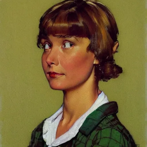 Prompt: Front portrait of a woman with bangs, and a sweater over a shirt and tie. Painting by Norman Rockwell.