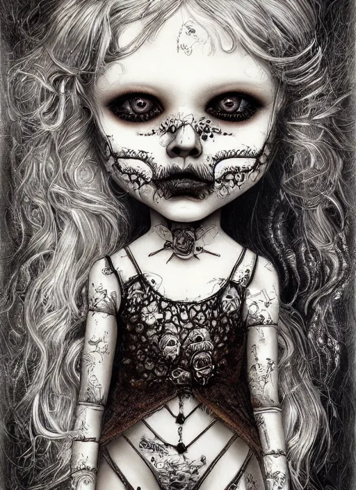 Image similar to portrait of a creepy doll, obsidian eyes, intricate, highly detailed, smooth, digital illustration, the dark and quirky art of scott radke