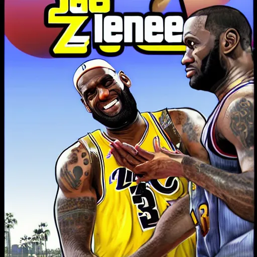 Image similar to happy lebron james, gta v cover art, cars in the background, art by stephen bliss