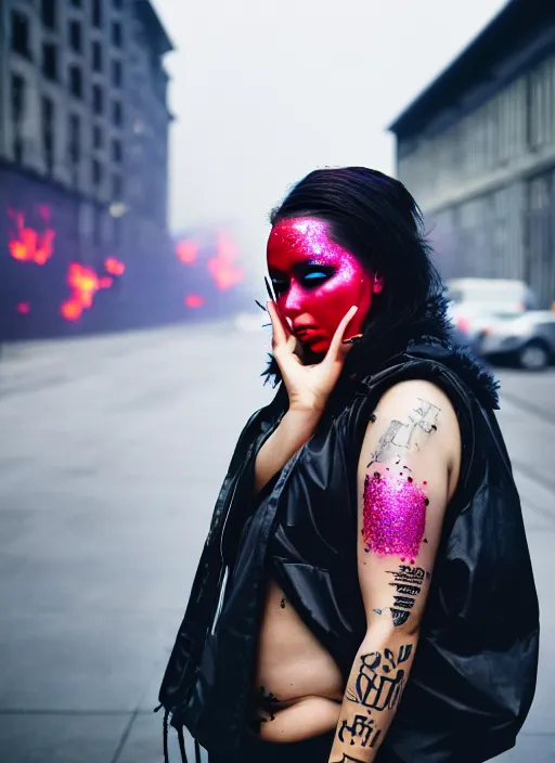 Image similar to Cinestill 50d candid photography of a city on fire, a techwear mixed woman wearing thick mascara and dark glitter makeup crying outside of a city on fire, tattoos, tilted frame, 4k, 8k, hd, full color