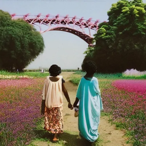 Image similar to somali friends, vintage, studio ghibli, field of flowers, city bridge, beautiful, happy, dreamy, pastel