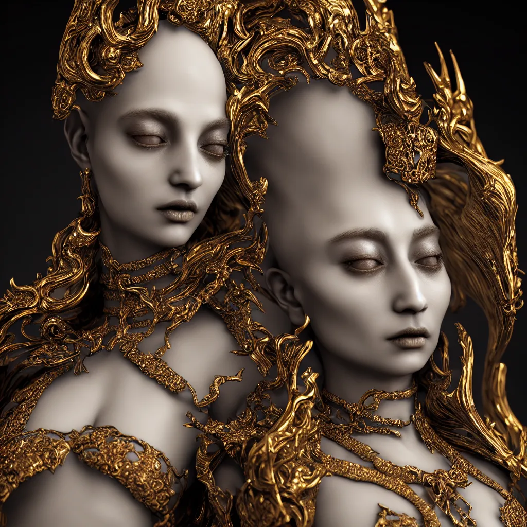 Image similar to a single close up photo - real delicate ceramic porcelain sculpture of an ornate majestic dark necromancer queen by rafael, backlit lighting, translucent, thin porcelain, octane renderer, colorful, physically based rendering,