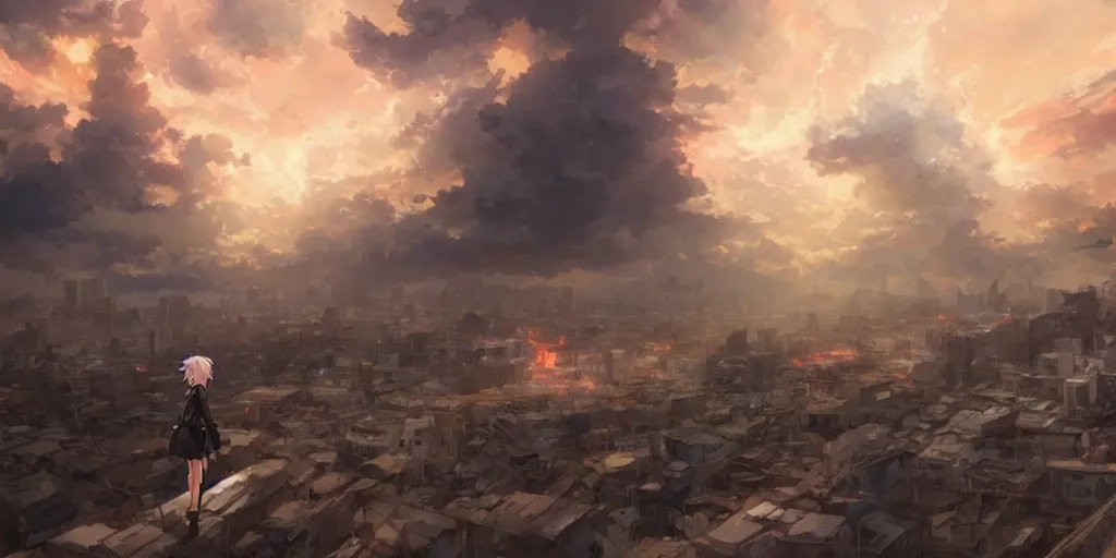 Image similar to anime character in front of an apocalyptic city and the clouds are burning, hyperrealistic, trending on pixiv fanbox, painted by greg rutkowski makoto shinkai takashi takeuchi studio ghibli, akihiko yoshida