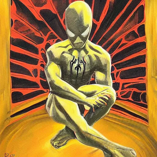 Image similar to spiderman, kneeling, praying, head lowered, portrait, oil, painting, highly detailed, spider god, praying to spider god, spider jesus