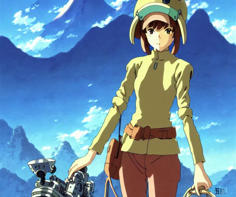 Image similar to anime art full body portrait character nausicaa by hayao miyazaki concept art, anime key visual of elegant young female, short brown hair and large eyes, finely detailed perfect face delicate features directed gaze, valley of the wind and mountains background landscape scenery, trending on pixiv fanbox, studio ghibli, extremely high quality artwork by kushart krenz cute sparkling eyes