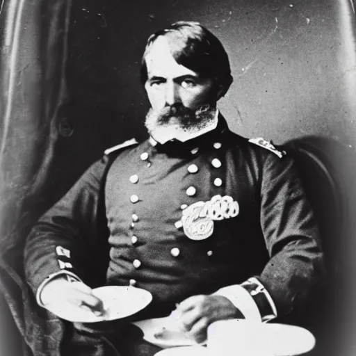 Prompt: a 1 8 5 8 photo of general pitzer, a union general, eating a large burrito with cheese and salsa