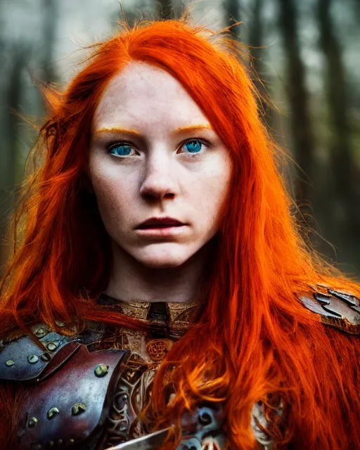 Image similar to north adult female warrior, red hair, ginger hair, long hair, fantasy, female Viking, high detailed, photography, cloudy, lightweight leather armour, Scandinavia, plain, detailed face, beautiful face, beautiful girl, look into the distance, professional model, glowing skin, serious face, full body, professional photographer, masterpiece, 50 mm, 8k, 3D