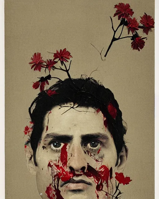 Prompt: a beautiful but serious man in layers of fear, with haunted eyes, wearing a linen shirt, 1 9 7 0 s, seventies, floral wallpaper, wilted flowers, a little blood, morning light showing injuries, delicate ex embellishments, painterly, offset printing technique