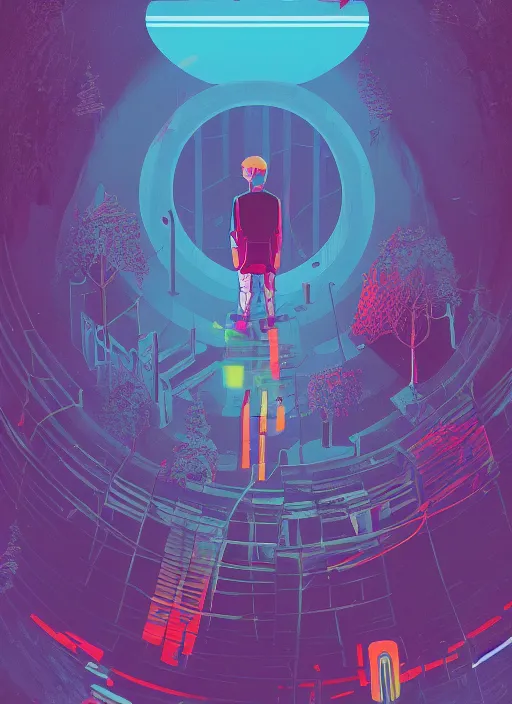 Prompt: a transparent glass indie game poster of a cyberpunk explorer meditating on an ancient platform in the middle of a dense forest, midnight, risograph by josan gonzalez, colourful flat surreal design, in the style of oxenfree, super detailed, a lot of tiny details