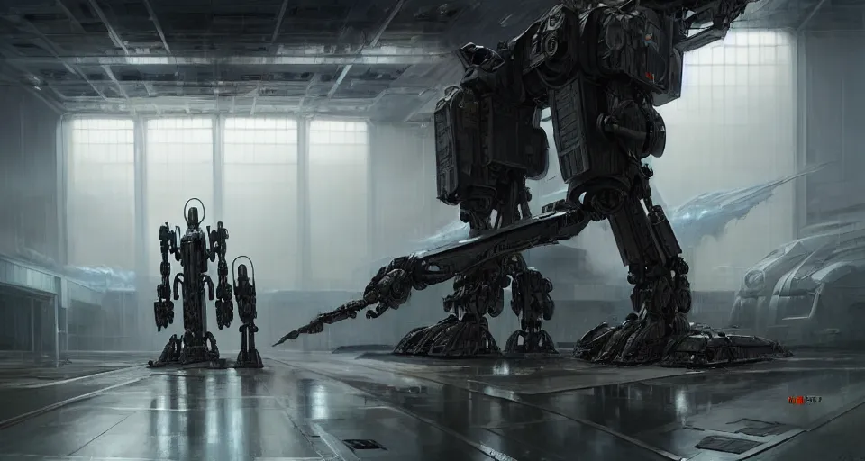 Image similar to hyper realistic sci - fi matte concept art painting of a mecha in a starship hanger, beautiful details, strong composition painted by kim jung guweta studio rutkowski, james gurney and greg rutkowski, and lucasfilm, smooth, intricate, detailed, sharp focus, cinematic