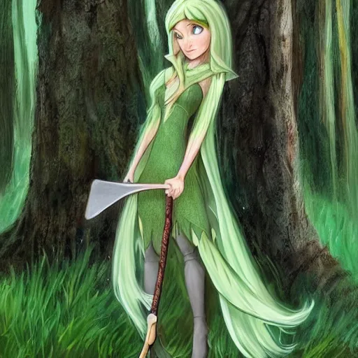 Prompt: a realistic portrait of a female elf with a long withe and light green dress holding a scepter walking in the woods , perfect and hyper datailed face, wild face , detailed trees