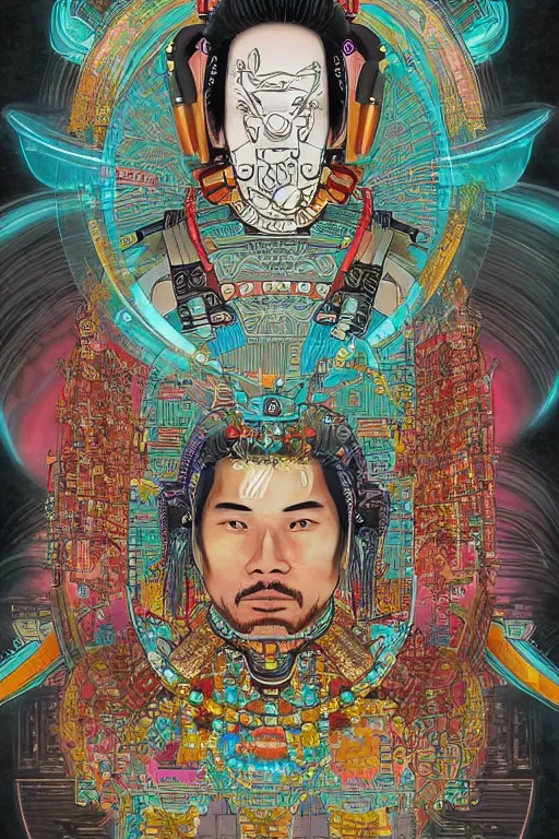 Prompt: opalescent retrofuturistic digital airbrush illustration of a samurai wearing an ornate microprocessor headpiece and holding a flower with a map of the collective subconscious in the background by luigi patrignani