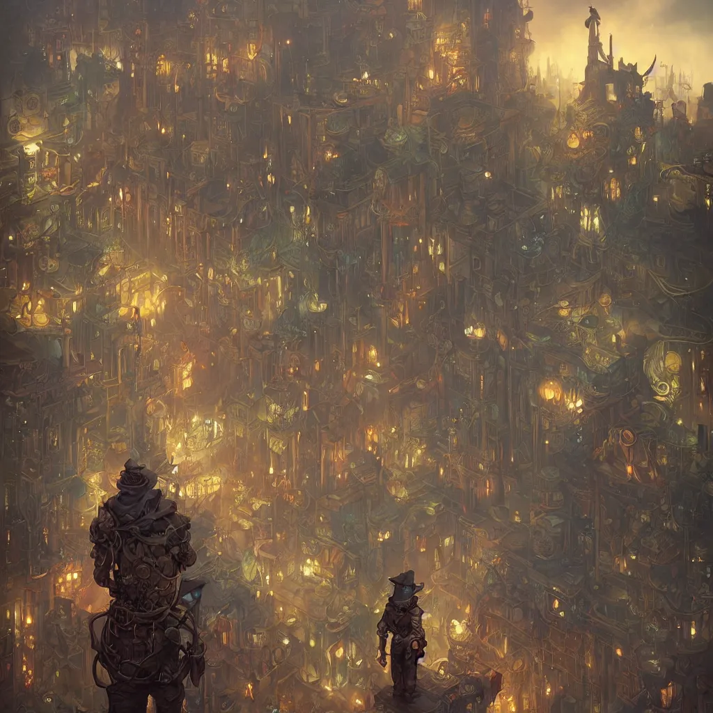 Image similar to tarot the fool standing in a steampunk city by peter mohrbacher and dan mumford and nekro, cgsociety, volumetric light, 3 d render