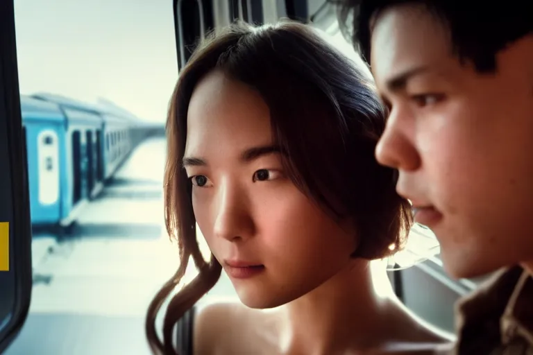 Prompt: vfx film closeup couple in a train station flat color profile low - key lighting award winning photography arri alexa cinematography, beautiful natural skin, famous face, atmospheric cool color - grade