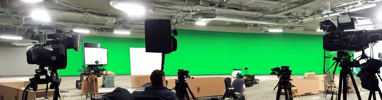 Prompt: photo of a movie set with a big bright green screen, small group of film crew, small group of actors, a few cameras, studio, movie set, realistic, studio lighting