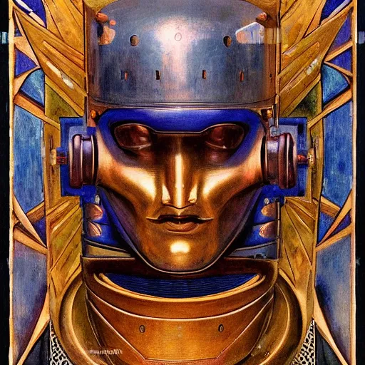 Image similar to the masked robot prince wearing the plasma crown, by Annie Swynnerton and Diego Rivera and Elihu Vedder, symbolist, dramatic lighting, elaborate geometric ornament, tattoos, Art Brut, soft cool colors,smooth, sharp focus, extremely detailed, Adolf Wölfli and Donato Giancola