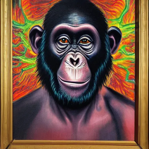 Image similar to portre of an autistic demonic chimpanzee on acid, masonic and kabalistic symbols in background, oil painting