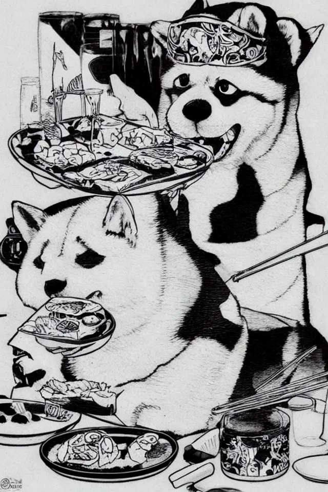 Image similar to a portrait of a shiba inu eating sushi, in the art style of shoihei otomo, realistic, highly detailed, b & w