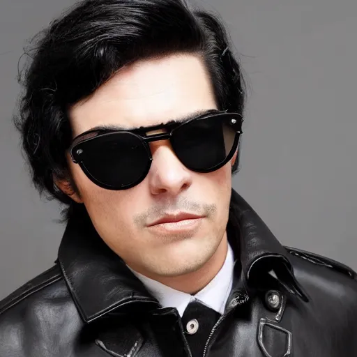 Prompt: a face of a man with small sunglasses, black hair and a leather trenchcoat