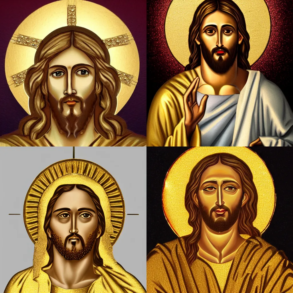 Prompt: Jesus made out of gold and diamond, photorealistic, 4k