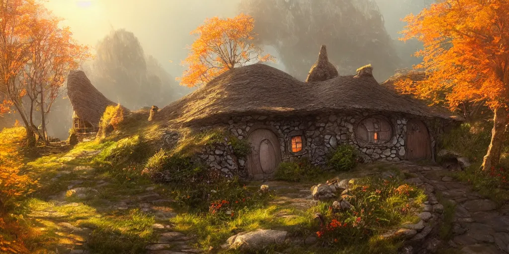 Prompt: a hobbit cottage on top of a steep hill, greg rutkowski, zabrocki, moebius, karlkka, jayison devadas, highly detailed, photorealism, autumn sunlights, smoky atmosphere, ( ray of sunlight ), trending on artstation, 8 k, ultra wide angle, zenith view, pincushion lens effect