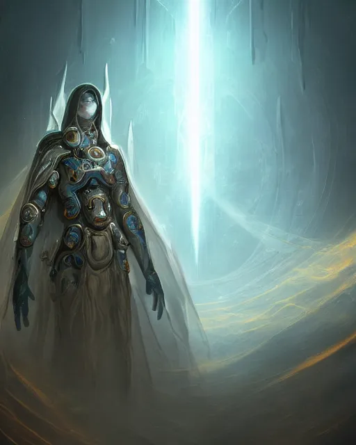 Image similar to benevolent cyborg necromancer, scifi, futuristic, elegant cape, helpful, kind, intelligent, alien room background, white, blue, gold, highly detailed, trending on artstation, soft light, holy machine, advanced technology, art by vitaly bulgarov and nivanh chanthara