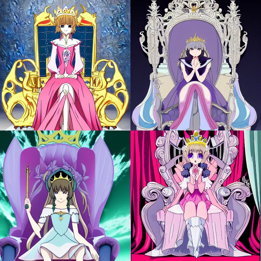 Prompt: An evil princess sits on her throne, detailed anime