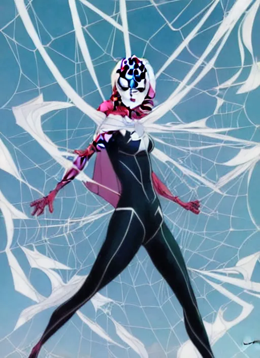 Prompt: Rafeal Albuquerque comic art, Joshua Middleton comic art, cinematics lighting, pretty female Emma Stone as Spider Gwen, Marvel comics, hanging from white web, playful smirk, symmetrical face, symmetrical eyes, full body, flying in the air, city in background