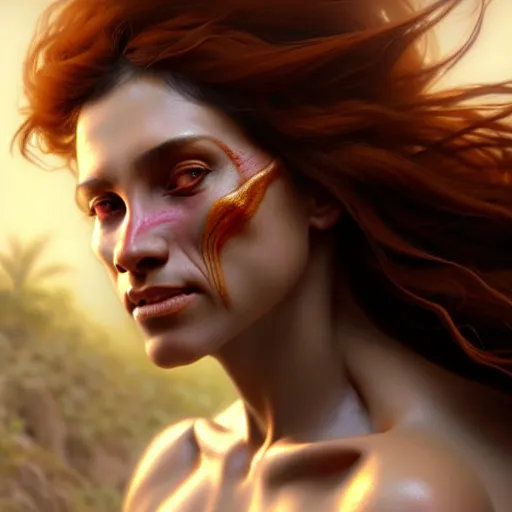 Image similar to beautiful digital painting of a cavewoman with high detail, real life skin, primal colors, 8 k, stunning detail, works by artgerm, greg rutkowski and alphonse mucha, unreal engine 5, 4 k uhd