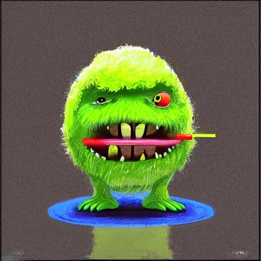 Image similar to a tennis ball monster ,tennis ball,water, chalk, digital art, fantasy, magic, trending on artstation, ultra detailed, professional illustration by Basil Gogos